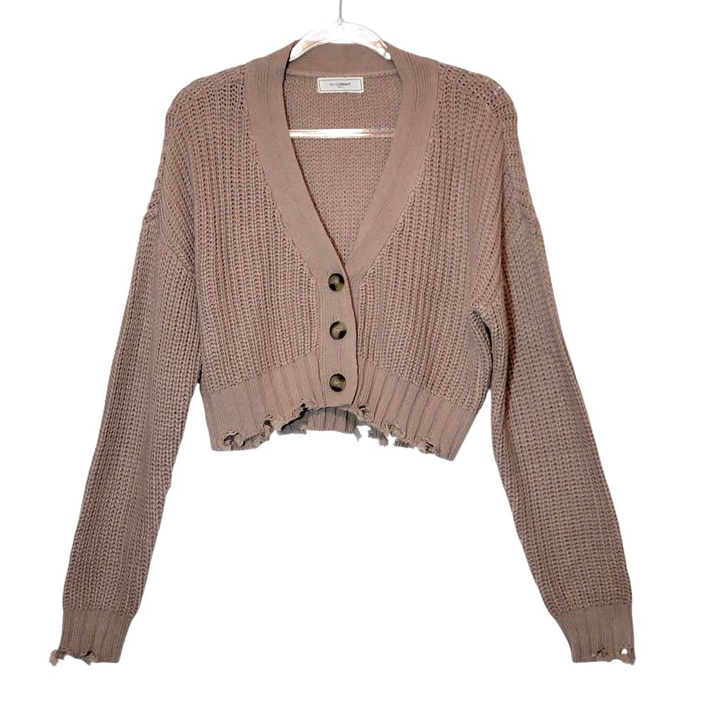 No Comment Tan Distressed Cardigan Sweater V Neck M Grunge Cozy Casual Layering